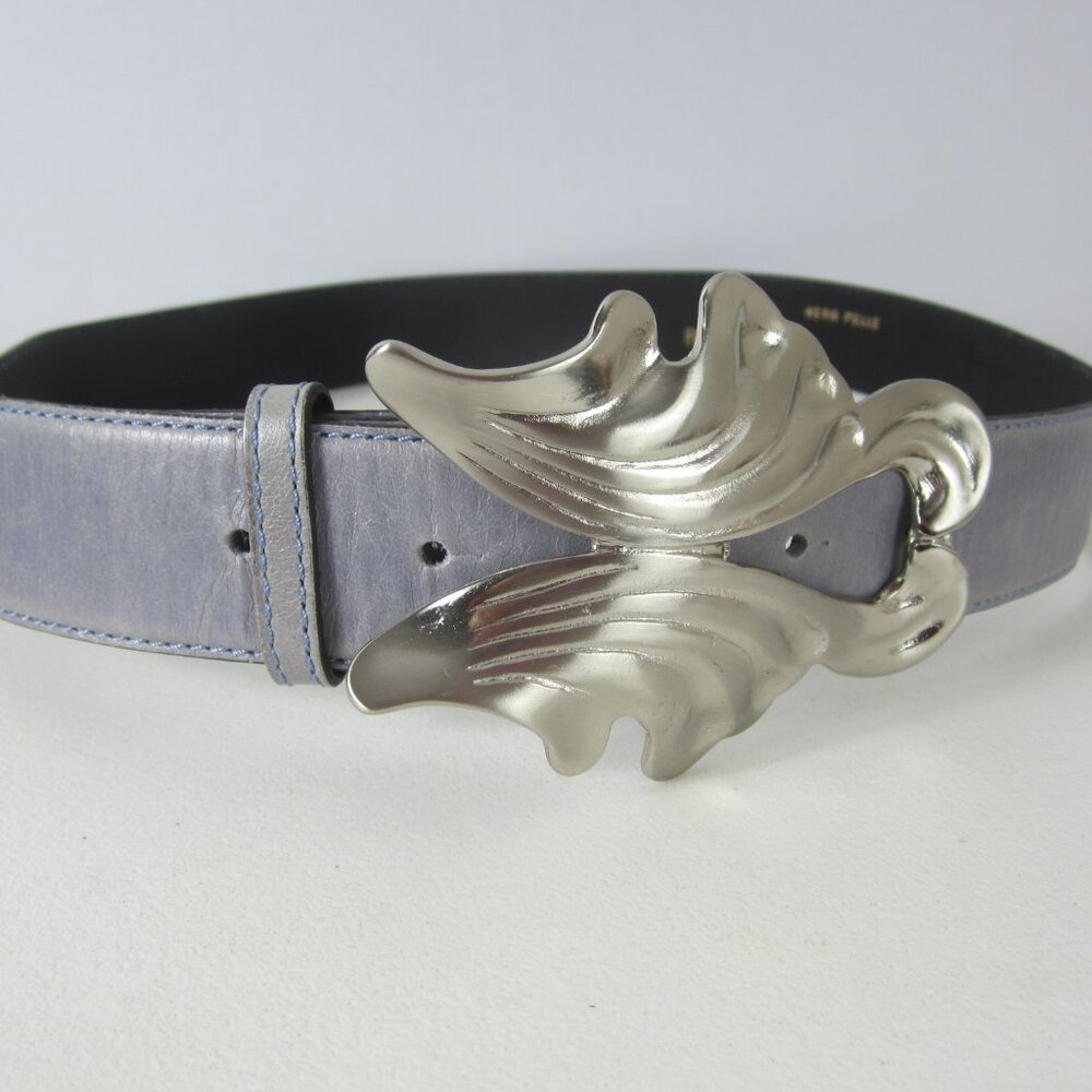 NEW Blugaya Womens XL Lavender Gray Leather Statement Belt Silver Buckle Italy